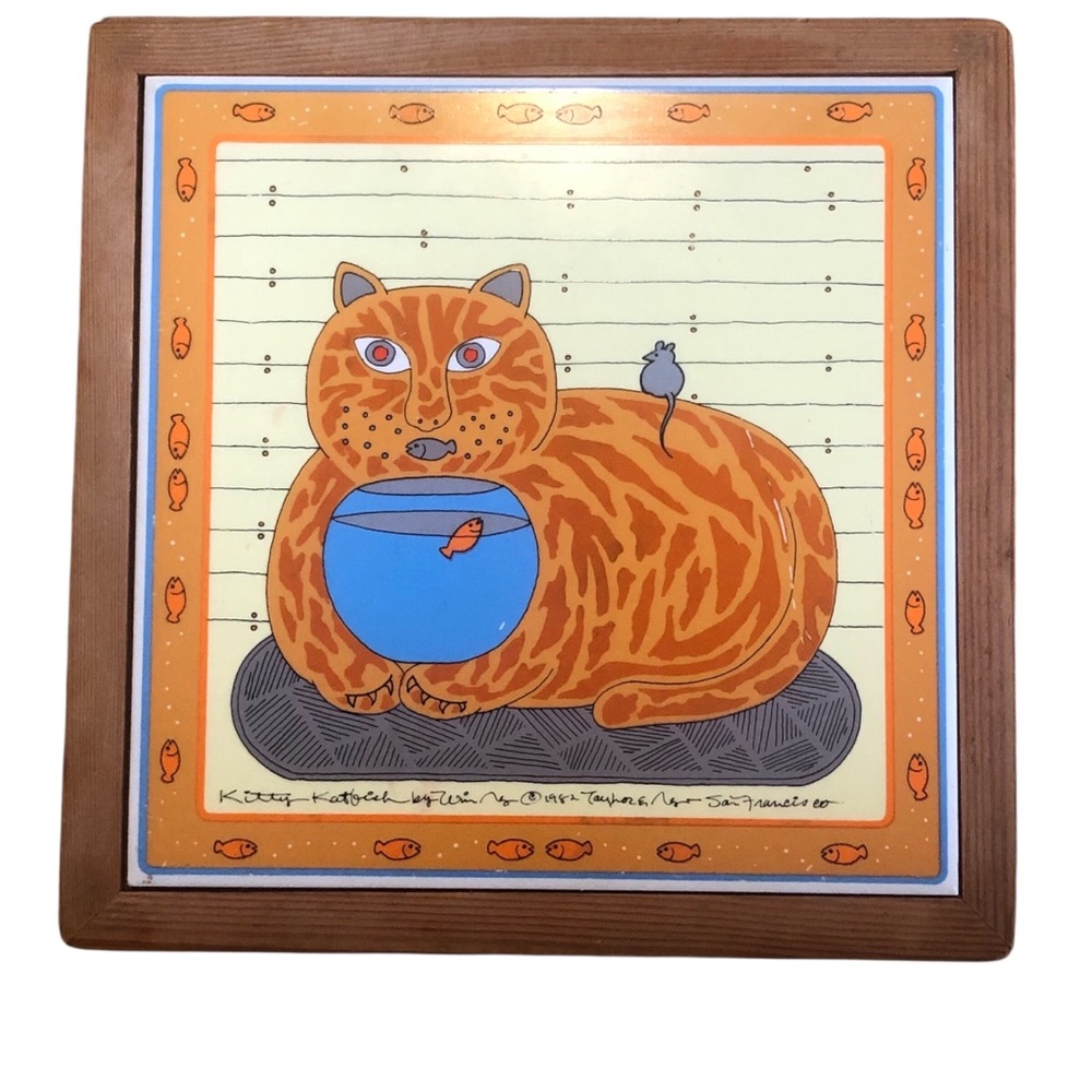 Whimsical Cat Art Plaque Trivet with Orange and Blue Design mouse on top  of cat
